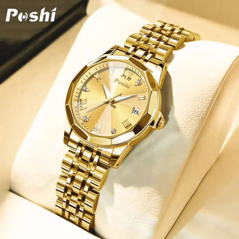 Đồng Hồ Vàng Thời Trang Nữ, POSHI, Phong Cách Thường Ngày Thanh Lịch, Chống Nước, Phong Trào Thạch Anh, Lịch Đôi Tự Động, Màn Hình Phát Sáng, Đồng Hồ Nữ, Hàng Mới Về