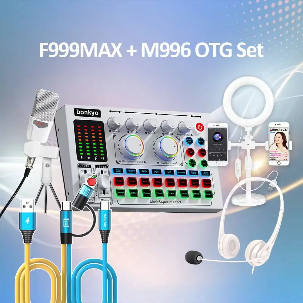 Bonkyo F999MAX Soundcard Live Streaming PRO Full White Set dengan