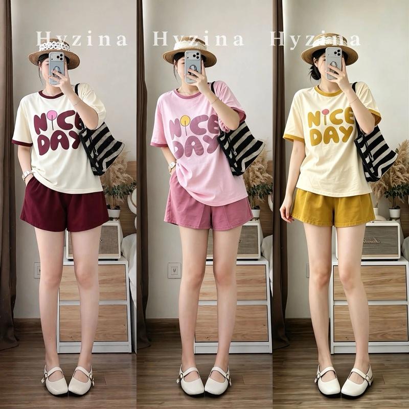 AA Set Bộ Quần Áo Nữ Hyzina, Họa Tiết Chữ NiceD, Chất Liệu Cotton Mịn, Chất Mát, Co Dãn Phù Hợp Mặc Nhà Đi Chơi