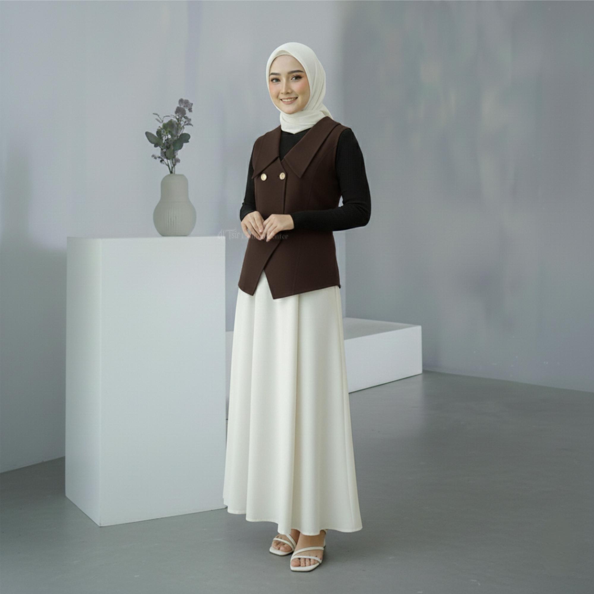 GKW Outer Vest Double Breast Semiwoll Kardigan Muslim Wanita Kekinian Atasan Basic Mahogany Korean Style
