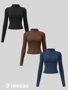 Conjunto de chaqueta de yoga de manga larga para mujer, cuello alto con cierre de cremallera, top de fitness de secado rápido, ropa deportiva ajustada, paquete de 3 piezas