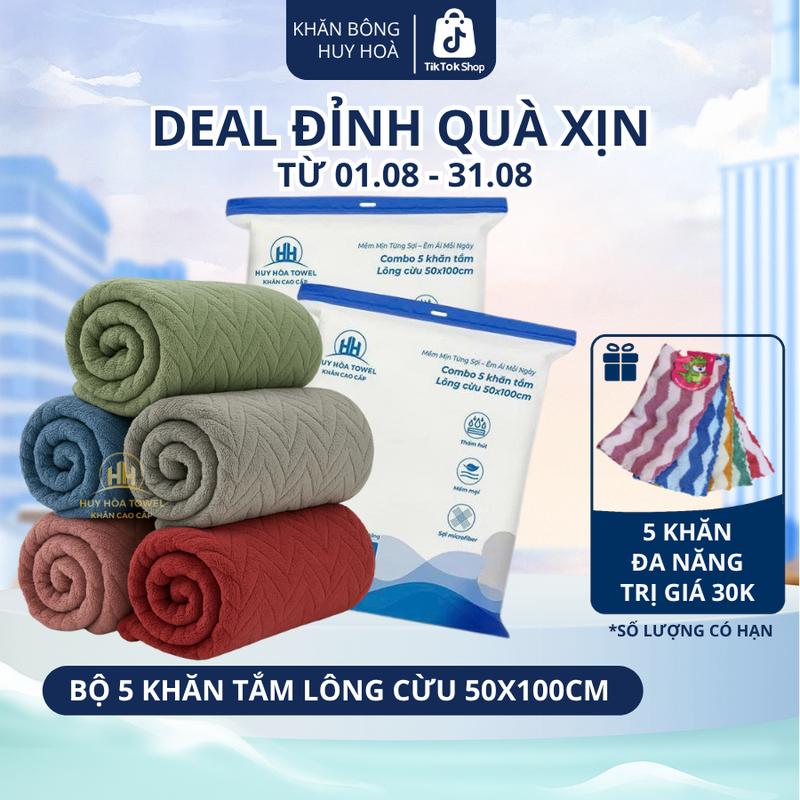 Combo 5 Khăn Tắm 50x100cm Tặng 5 Khăn Đa Năng Huy Hoà Towel. Sợi Lông Cừu Microfiber Mềm Mịn, Thấm Hút Nước, Không Ra Màu, Không Sổ Lông Nhà Tắm, Phòng Tắm