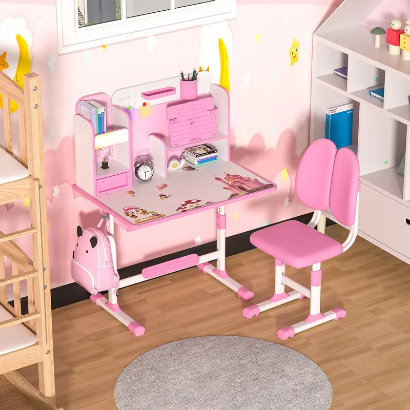 2Pcs/Set Kids Study Desk Chair Set, Height Adjustable Children School Study Table Chair Set with Sitting Corrector, Ergonomic Desk Chair with Book Stand, Foot Pedal, Partition Design (Pink, Blue) 4