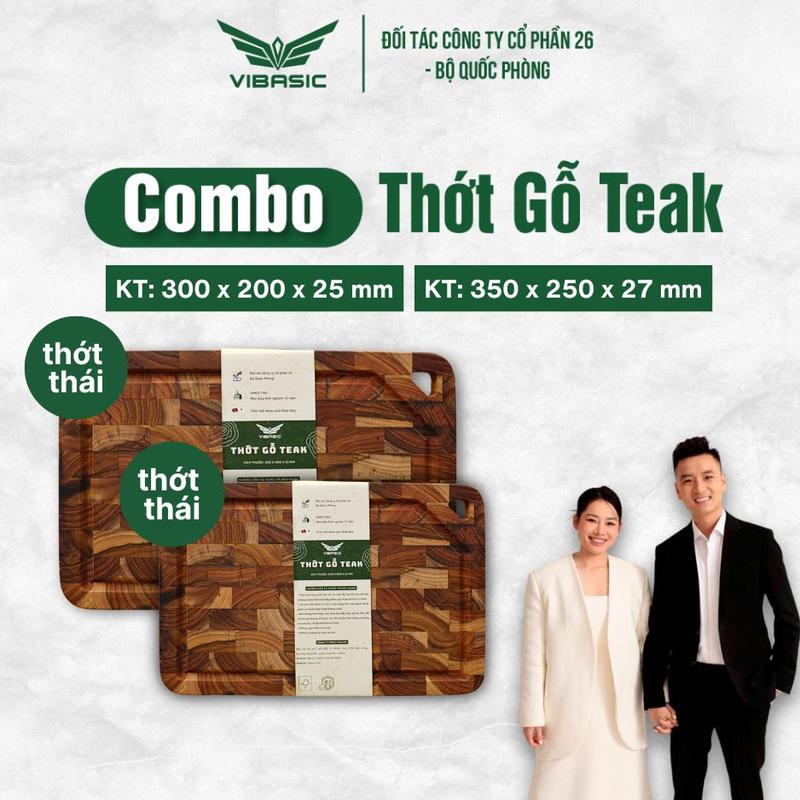 Vibasic Combo 2 Thớt Gỗ Teak 300x200x25mm & 350x250x27mm Dùng Để Cắt Thái Đồ Chín và Cắt Thái Băm Đồ Sống An Toàn Với Thực Phẩm Có lỗ treo thớt tiện dụng