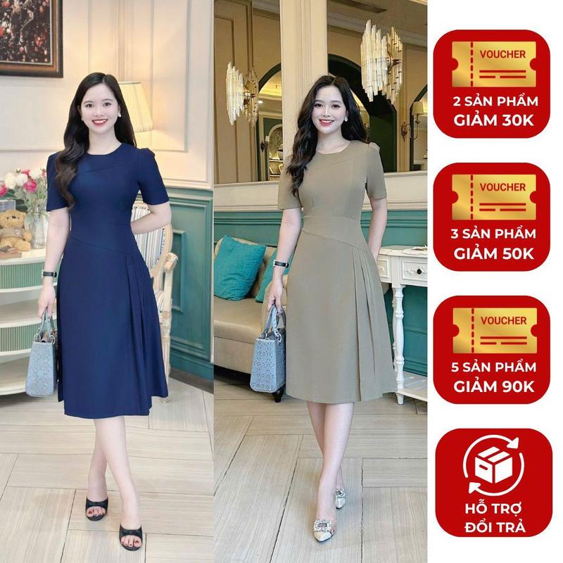  Đầm cổ tròn công sở thiết kế Nhật Vy nhấn eo cách điệu form dáng xoè chất lụa - D3146 Dress Women Nhung 