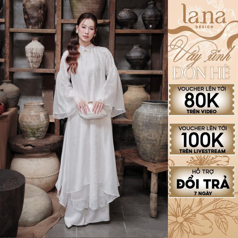 Áo dài cách tân Dao Phụng 6 tà vải ren hoa chìm phối tằm óng nhẹ mịn xẻ tà bay phối cúc ngọc thủ công-SD398