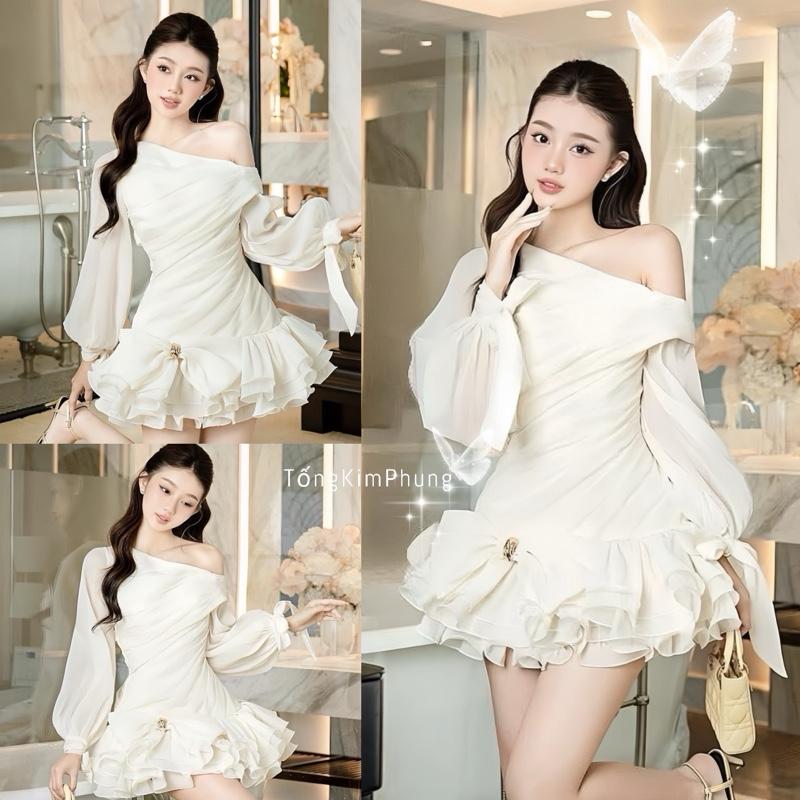   HÀNG CÓ SẴN  FOM CHUẨN XOẮN CUỚC BÈO Y HÌNH Váy Tơ Lệch Vai Tiểu Thư Buộc Nơ Thiết Kế Chiết Eo Đính Nơ 3 Lớp Phồng Xoè kèm quần rời  