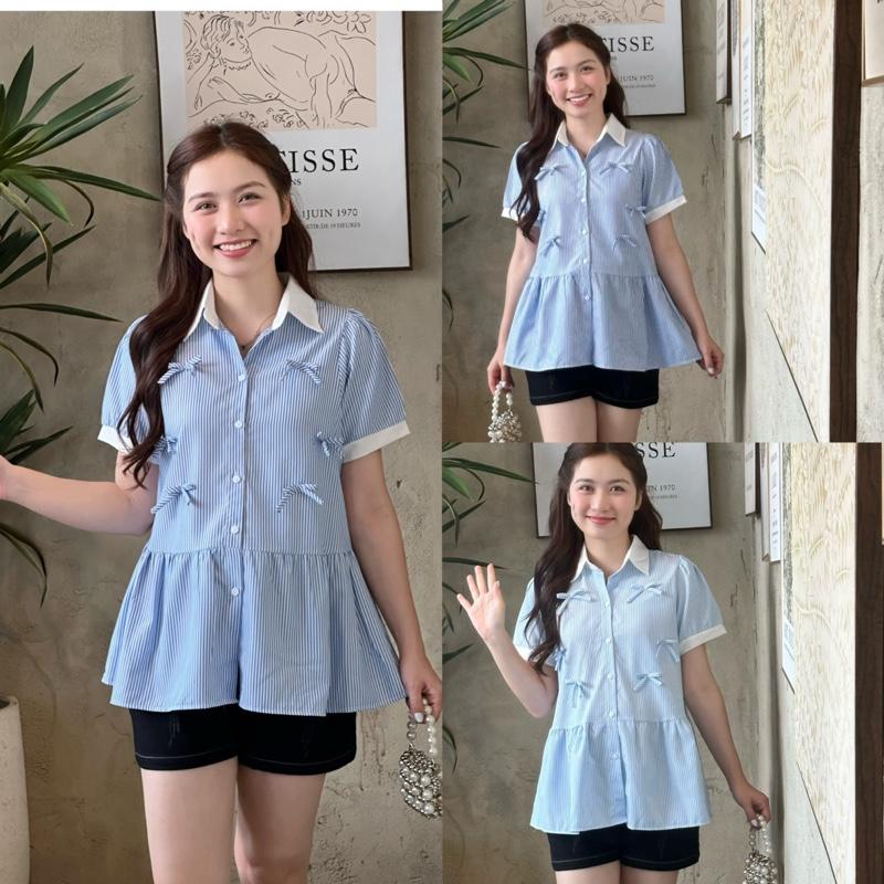 Áo bầu sơ mi sọc cổ sơ mi trắng áo kết nơ dễ thương thanh lịch cho mẹ mang đi làm và sau sinh mang thường