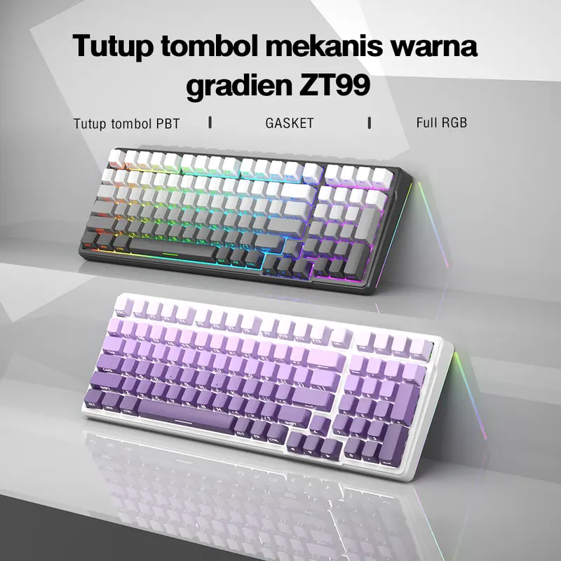 ZIFRIEND ZT99 Keyboard Mekanik Ukiran Samping Gradien 99 Tombol Sakelar Perak yang Dapat Ditukar Panas Lampu RGB & Putih Keyboard Gaming Komputer Berkabel/2.4G USB/Bluetooth Mendukung Win/Mac 0