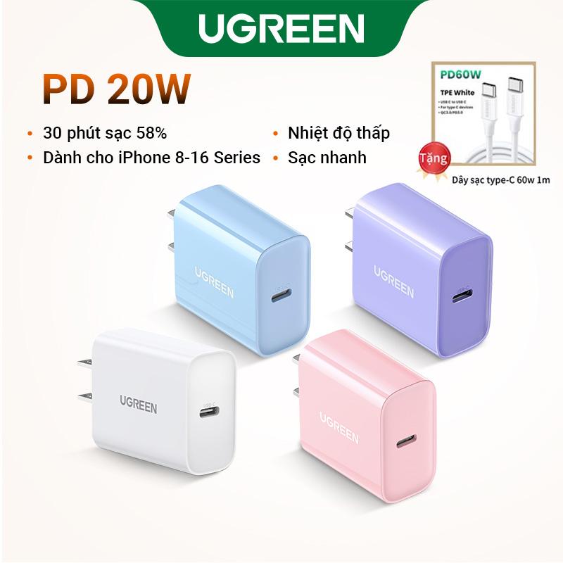 Bộ sạc USB C PD 20W, UGREEN, Bộ sạc nhanh, Bộ sạc tường USB-C, Bộ Chuyển Đổi nguồn, Tương thích với iPhone 15 / 14 Pro Max / iPhone 13 / 12 Pro Max / SE / 11, Pixel, Galaxy S21 / S20 / Note 10, iPad, Đi kèm với cáp miễn phí, [Quà tặng miễn phí]