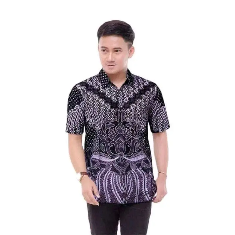Baju batik pria lengan pendek slimfit reguler premium hem keren motif  Hitam maupun pola Kancing simetris Formal Nyaman Casual Katun 0