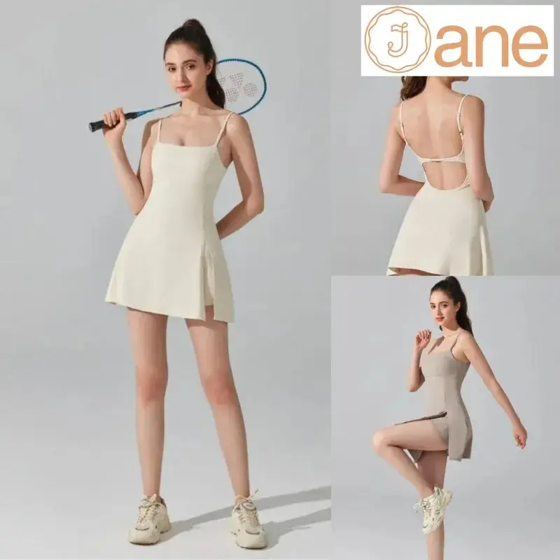 JYDQ* Anti glare base sports dress with chest cushion, breathable outdoor backless one-piece yoga suit, sports skirt，Comfortable casual tennis sportswear for women, with camisole and beautiful back