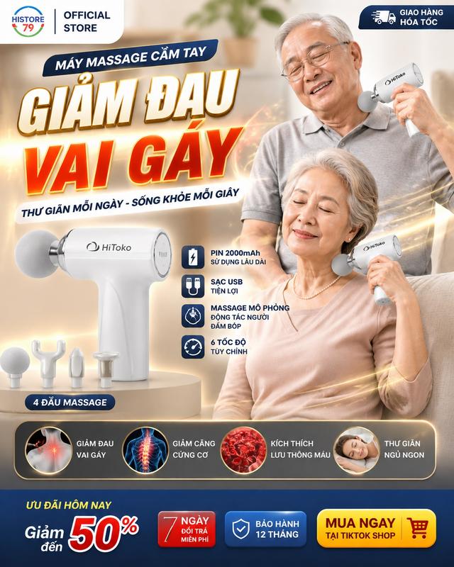 Máy Massage Cầm Tay HiToKo Cảm Biến Lực , Máy mát xa cơ vai gáy, mat xa toàn thân làm quà tặng, máy đấm lưng mát xa đa năng 4 đầu 6 chế độ HITOKO