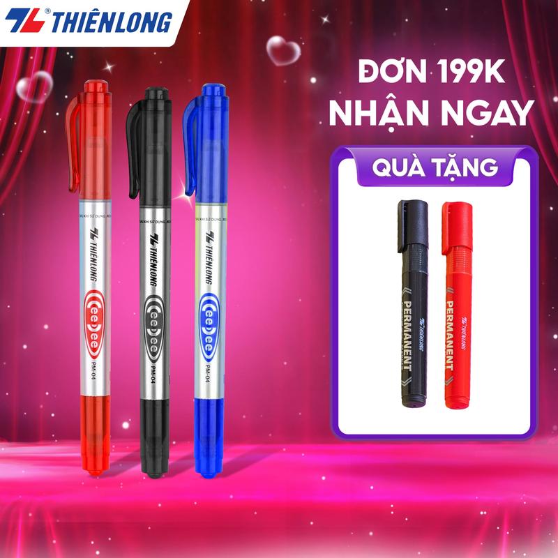 Combo 5 Bút lông dầu 2 đầu bút Thiên Long PM-04 bám dính tốt trên các vật liệu: Giấy, gỗ,nhựa, thủy tinh, gốm, sứ