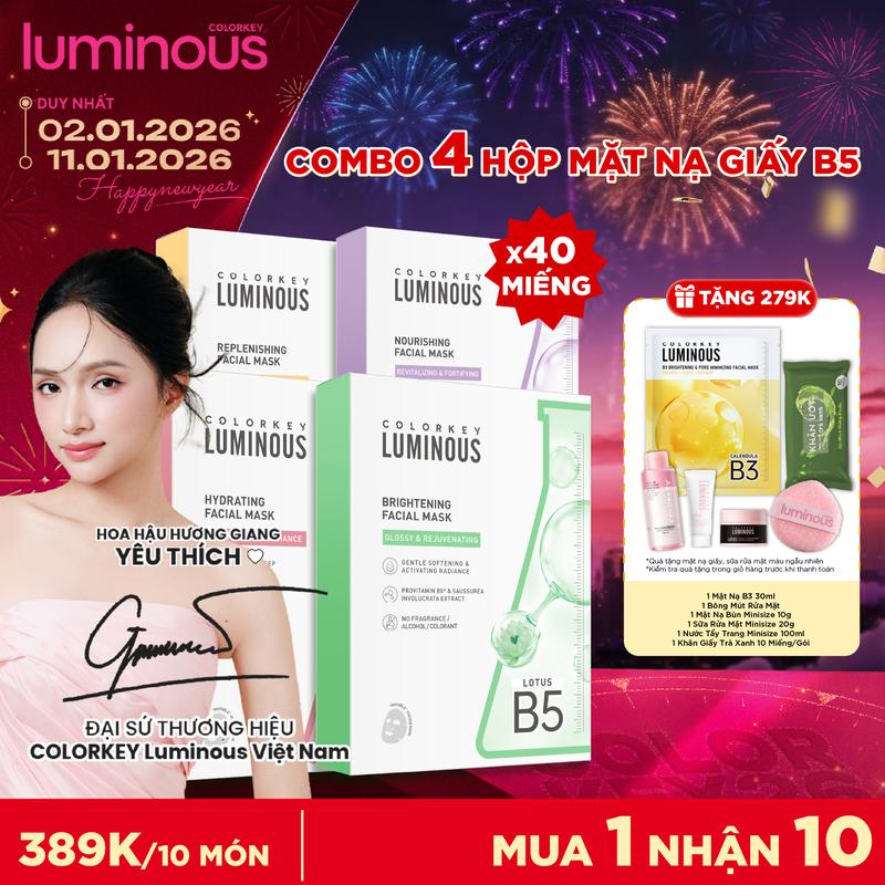   OFFICIAL  COMBO KINH ĐIỂN 4 Hộp Mặt Nạ COLORKEY LUMINOUS Vitamin B5 Hỗ Trợ Cấp Ẩm Làn Da Nhiều Dưỡng Chất 25ml miếng 