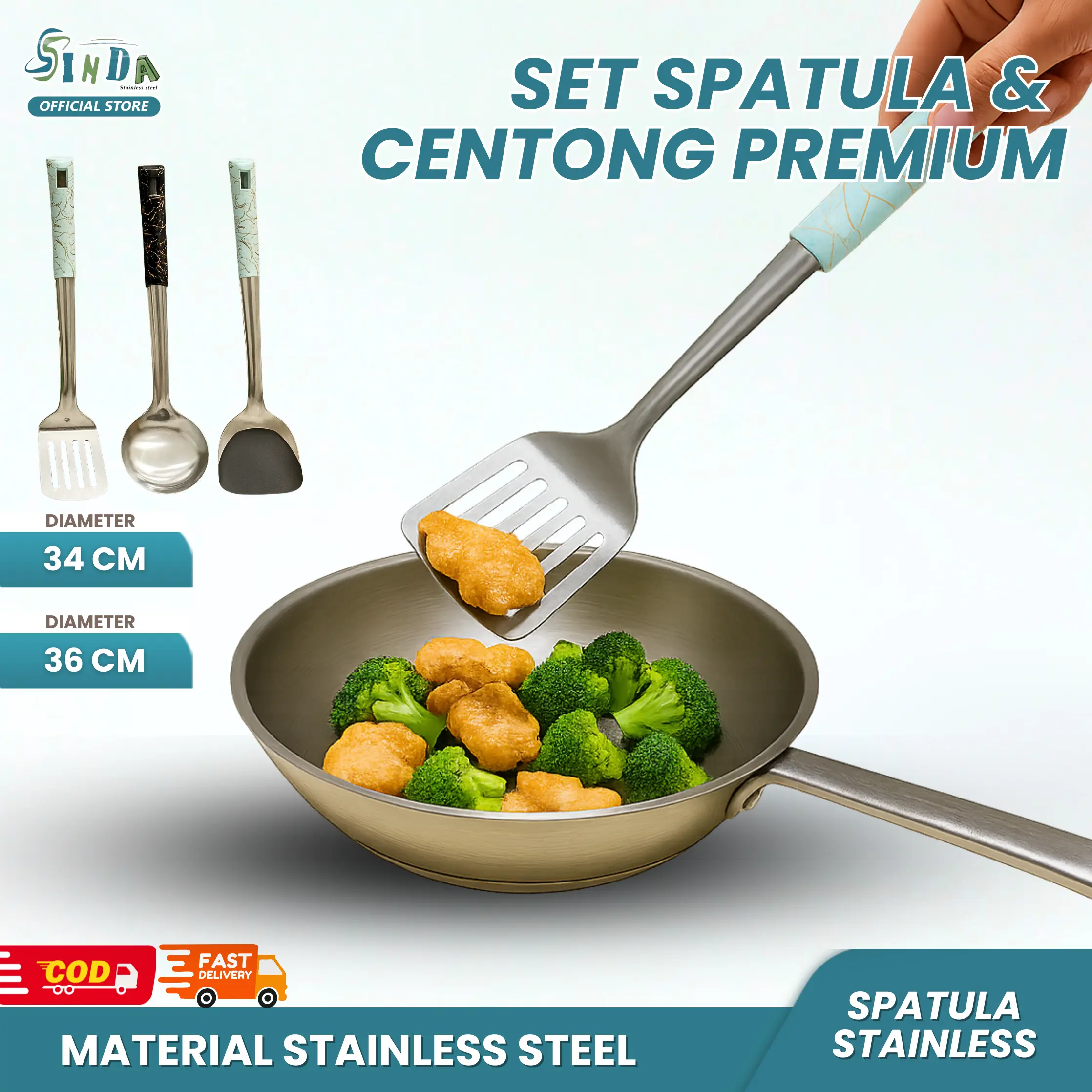 [SINDA] Spatula & Centong Stainless Steel Gagang Marmer – Anti Karat, Tahan Panas, Premium 34cm & 36cm