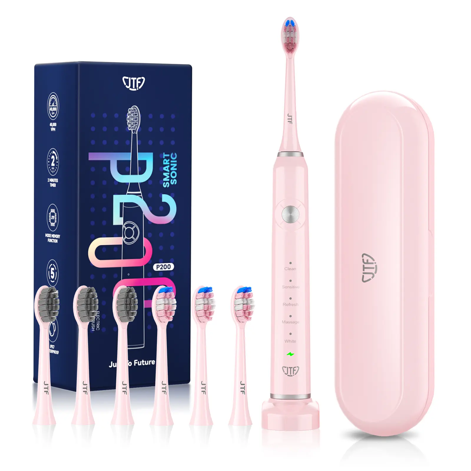 JTF Sonic Electric Toothbrush - with Travel Case and 6 Brush Heads, Fast Charging toothbrushes for 60 Days Long Lasting, 5 Modes Power Toothbrush