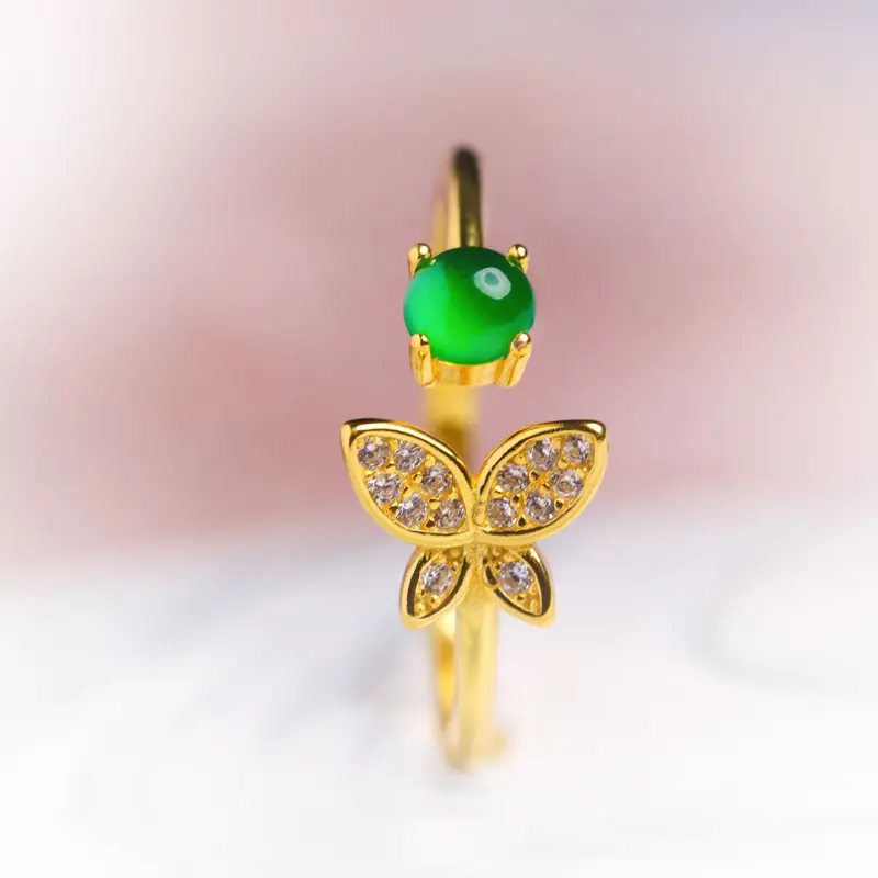 Emerald butterfly silver ring