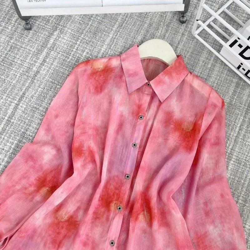 Áo Sơ Mi Tơ Sọc Kim Tuyến Hoạ Tiết Hoa Loang Sọc Hồng Vàng Xanh . Áo Sơ Mi Nữ Hàng Thiết Kế Cao Cấp Minan Boutique