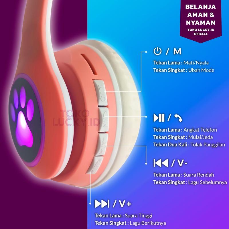 Headphone Wireless Bluetooth Headset Cat Ear Telinga Kucing Gaming LED Stereo Bass Earphones 3