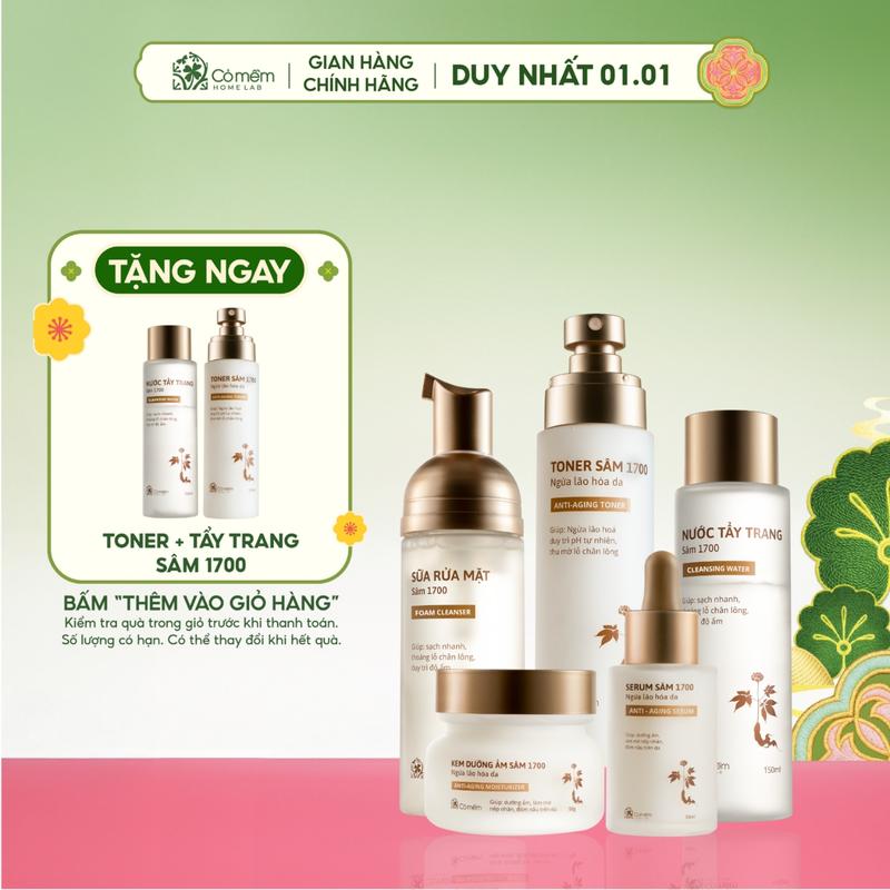 COMBO TẶNG 2 QUÀ MIỄN PHÍ Combo Chăm Sóc Da Giúp Ngừa Lão Hoá Da Nước Tẩy Trang Sữa Rửa Mặt Toner Serum Kem Dưỡng Kem Chống Nắng Sâm 1700 Cỏ Mềm