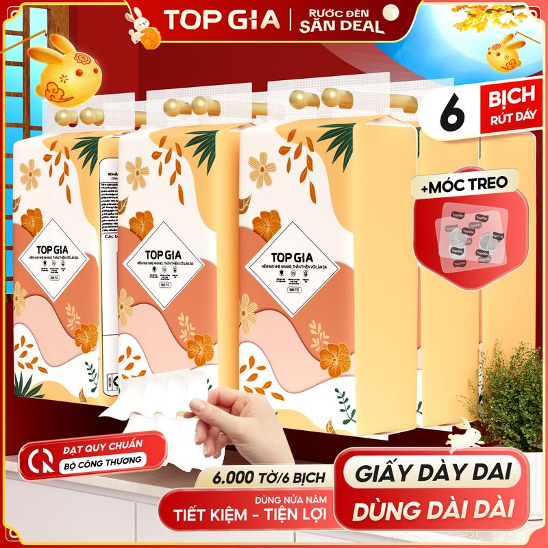 [SIÊU MỀM MỊN] Thùng 6 Bịch Khăn Giấy Tiểu Hạ TOP GIA 4 Lớp Mềm Mịn, Thành Phần Bột Gỗ Tự Nhiên Thân Thiện, Khăn Giấy Vệ Sinh 1000 tờ, 4 lớp Tặng 2 móc treo tiện ích Giấy Vệ Sinh giấy rút đa năng treo tường VTG86
