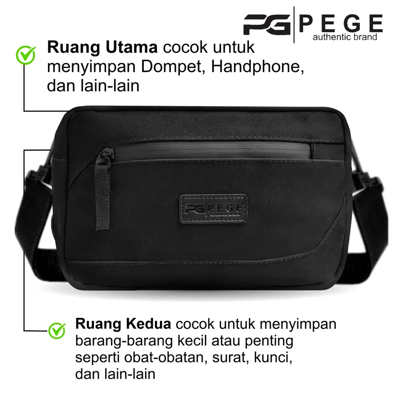 Tas Selempang Bahu Pria PEGE Hugo Slingbag Hitam Polos 3in1 Bisa Untuk Pouch Handbag dan Slempang - PG 9016 6
