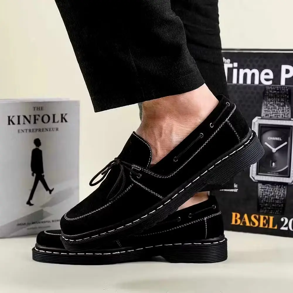 HRSTOR07 Sepatu Loafers Docmart Bahan Suede lembut sole Tebal Casual Pantofel Kerja Pria Hitam Desain Shoes