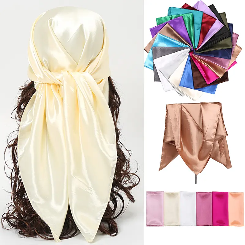 Square Silk Scarves Women 90*90cm Satin Muslim Hijab Scarf Plain Shawls and Wraps Head Scarf Islamic Female Chest Wrap