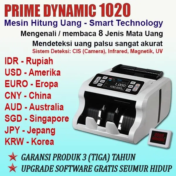 PRIME DYNAMIC 1020, Mesin Penghitung Uang, Smart Technology, Mengenali Dan Mendeteksi 8 Macam Mata Uang, Deteksi Sangat Akurat Cepat, Garansi 3 Tahun, Original, Official Store