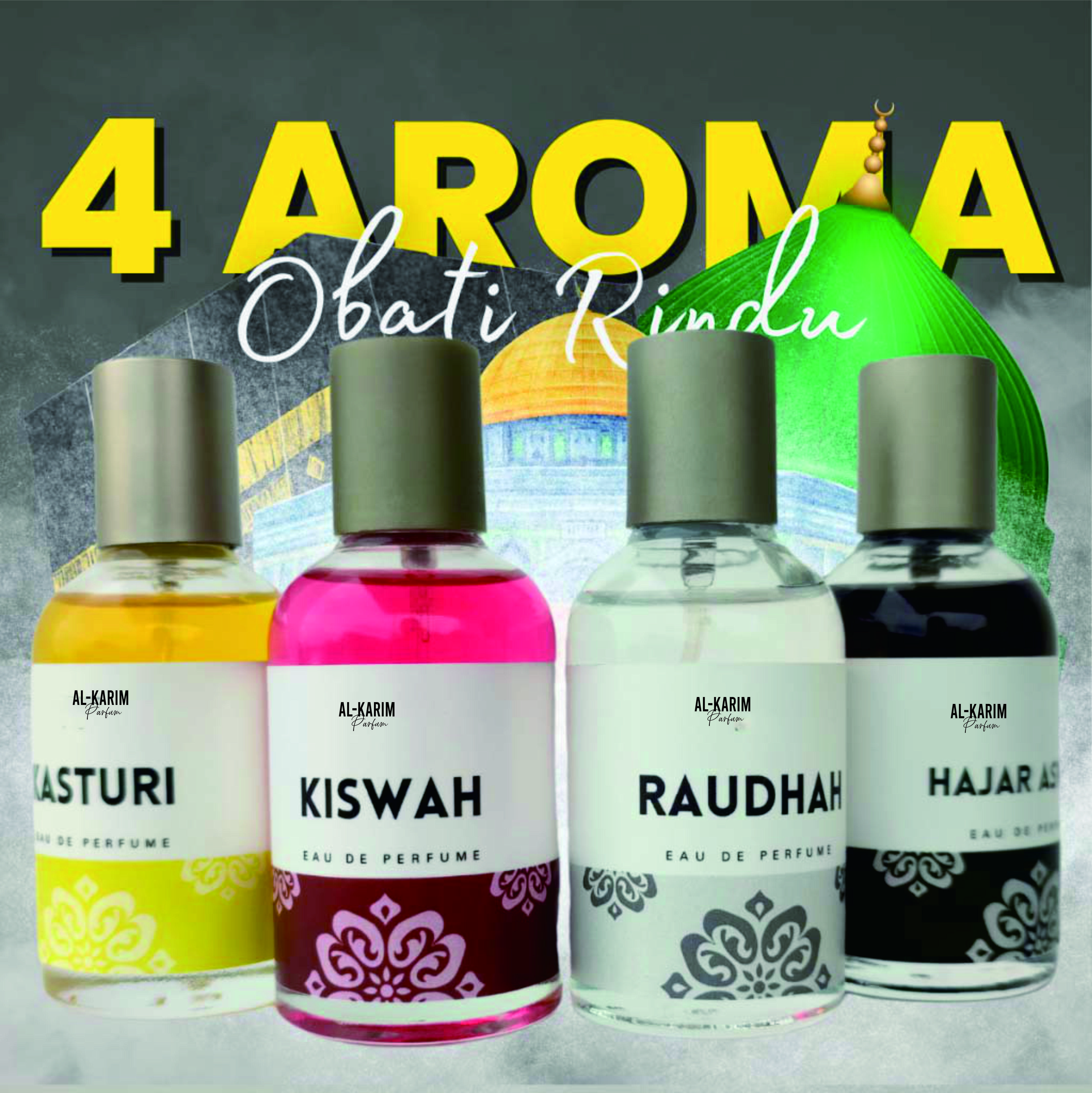 Paket Parfum Rindu Tanah Suci RTS SERIES (4 Botol) by ARHAN Parfum - Aroma Kasturi, Kiswah, Raudhah, dan Hajar Aswad untuk Ibadah Cowok Pria