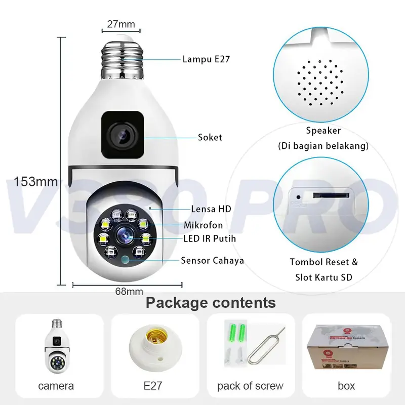 V380 Pro Kamera CCTV Bohlam Lensa Ganda Jarak Jauh 1080P WiFi Wireless CCTV Camera Night Vision PTZ 8