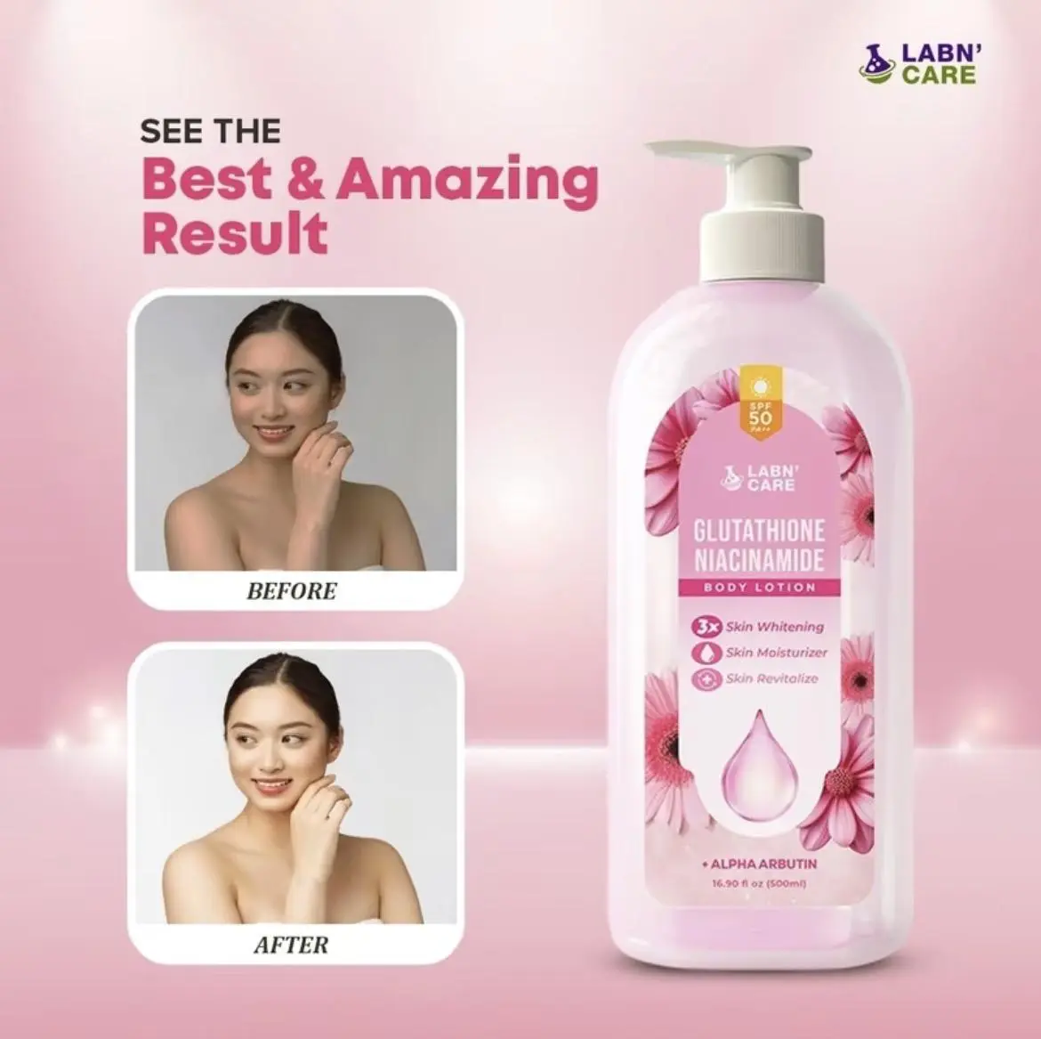 Labn' Care Glutathione Niacinamide Body Whitening Lotion 500ML With SPF 50  PA++, 3X Skin Whitening, Skin Moisturizer and Skin Revitalize, Bare Vanilla  Scent, Mabango at Long Lasting Scent