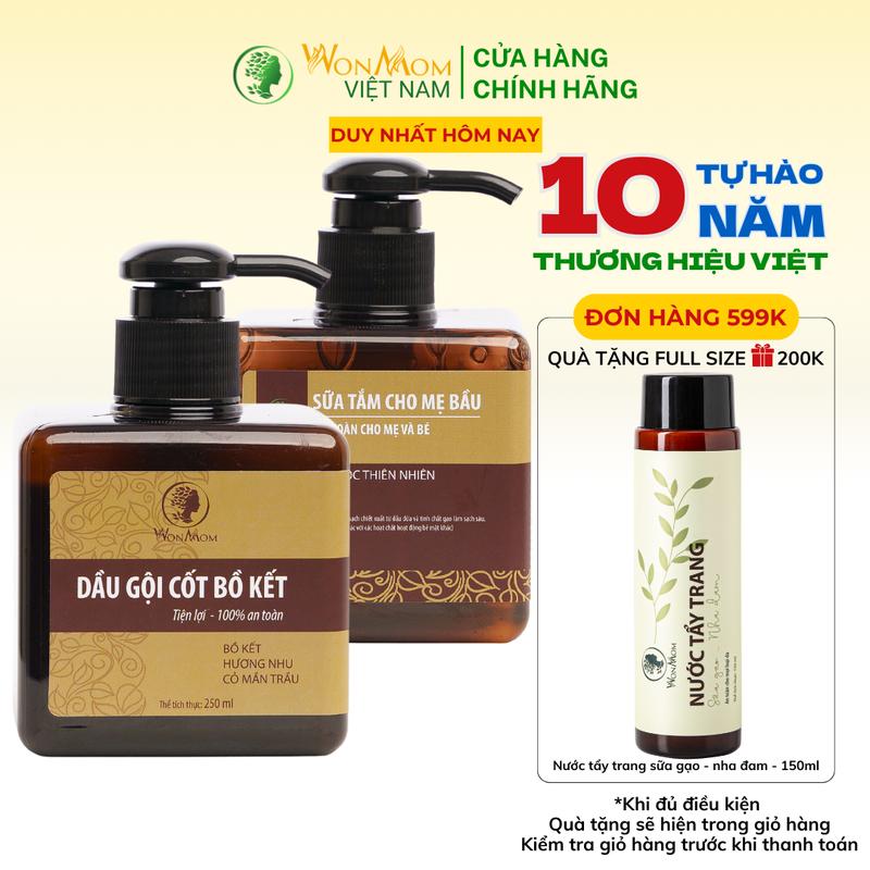 Combo 2 Món Tắm Gội Toàn Thân Thảo Mộc Wonmom ( 1 Dầu gội cốt bồ kết + 1 Sữa tắm cho mẹ ) Dưỡng Da Body, Dưỡng Body
