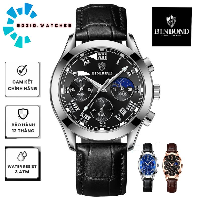  Đồng hồ nam dây da Binbond chạy 6 kim thời trang chống nước tốt donghochong xuoc hãng 