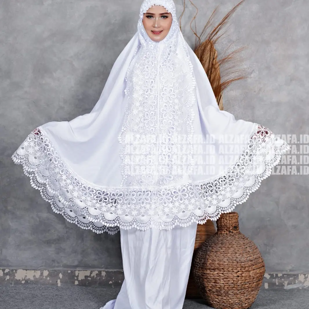 Mukena Dewasa Katun Mikro Putih Bersih/Brokenwhite Renda Bunga Mellati Motif Full KD Mewah
