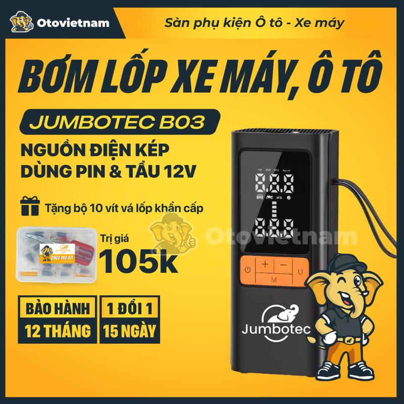 Bơm lốp Xe máy, Ô tô Jumbotec B03: Nguồn Điện Kép (Pin 6000mAh và Tẩu 12V), Có Đèn Pin & Sạc Dự Phòng - Bảo hành 12 tháng