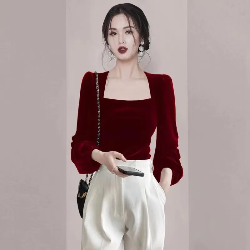 ONEFASHIONMALL SL033 Blouse Velvet Top Square Neck Long Sleeve Bluse Lengan Panjang Puff Atasan Baju Wanita 4