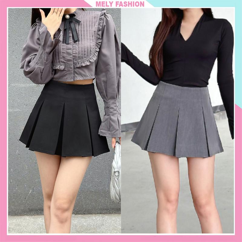 Chân váy ngắn xếp ly hộp to chữ A tennis xòe bồng cạp cao tôn dáng phong cách trẻ trung năng động màu đen ghi xám nữ Women Mely Fashion CV87