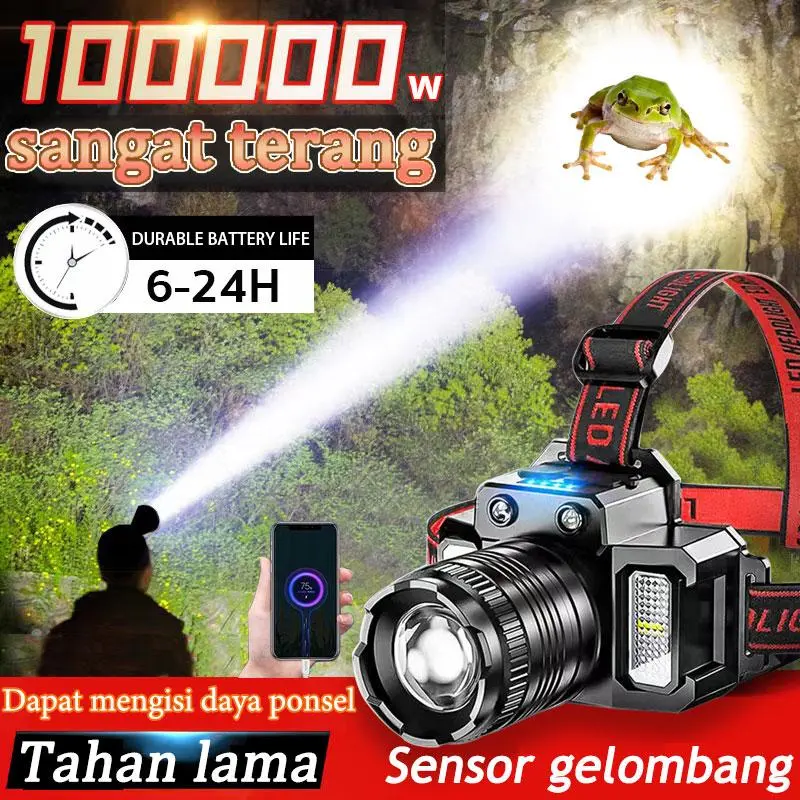 4.COD+pengiriman 24 jam Lampu Kepala LED/Headlamp /SuperTerang 1000000 Lumen/USB Charging Senter/Dengan Sensor Tangan/Sorot Dengan Penyesuaian multi-level/Senter Kepala/Zoom Dan Mode Sensor/Powerbank/Cahaya Terang 0