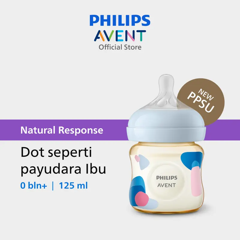 Philips Avent | Botol Susu Bayi | PPSU Natural Response | Dot Seperti Payudara Ibu & Tahan Hingga 180°C | 125 ml | Single | SCY940/01 0