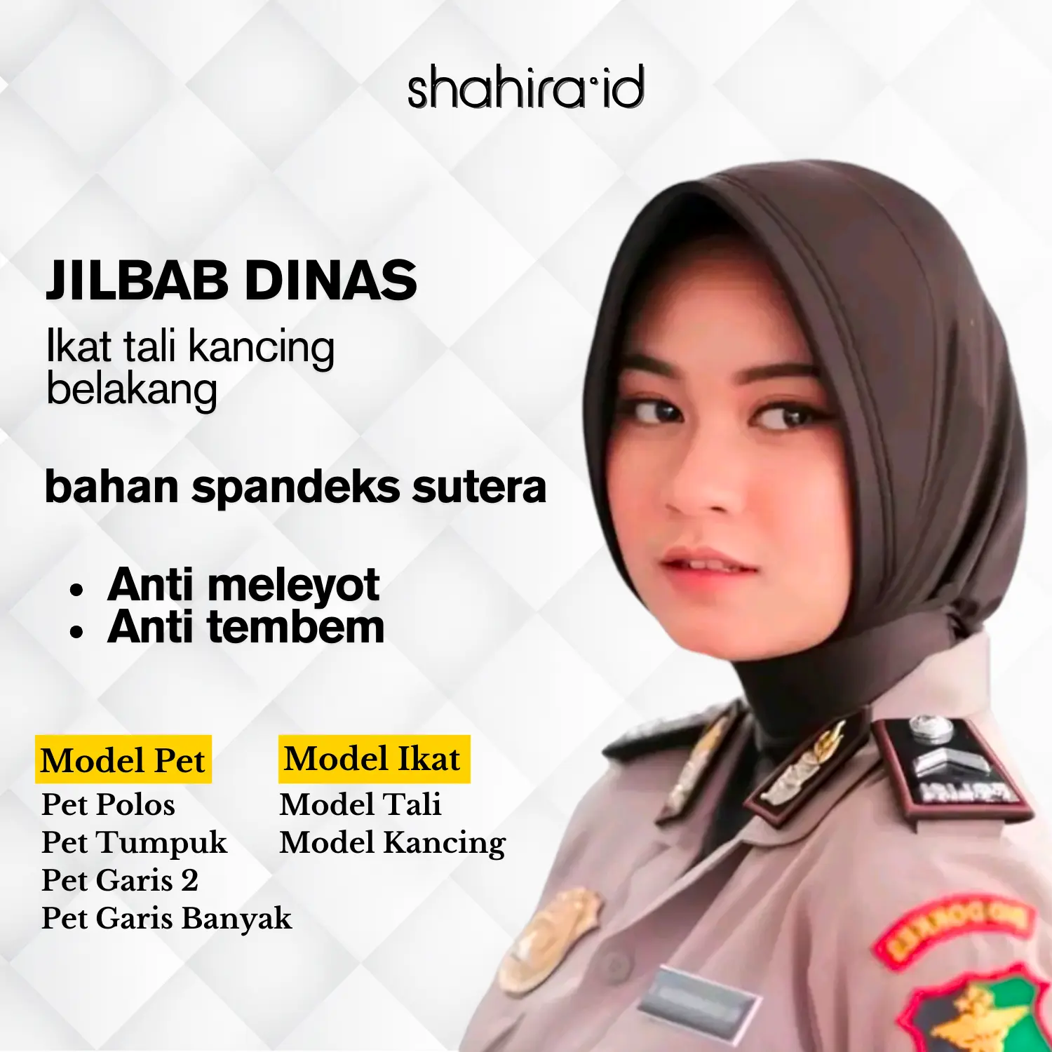 Jilbab Dinas Ikat Tali Kancing Belakang Leher Hijab Polwan Hitam Pink Baby Abu Tua Hijau Satpol PP Putih kerudung
