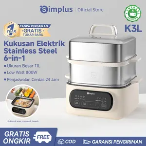 Simplus Kukusan Elektrik Stainless Steel 6-in-1 Food Steamer 2 Tingkat Kapasitas Kukusan 9L + Panci 2L Hemat Listrik Low Watt 800W Panci Merebus & Hotpot Delay Timer 24 Jam 8 Menu Prasetel Sterilisasi Peralatan Bayi DZEG004-01