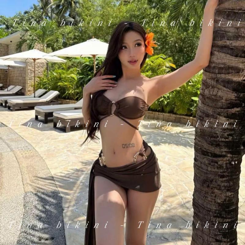  Tina Bikini - Set Bikini Đi Biển 3 Món Phối 3 Khoen Sexy Sang Chảnh Màu Nâu Tôn Dáng Freesize 45-60kg 