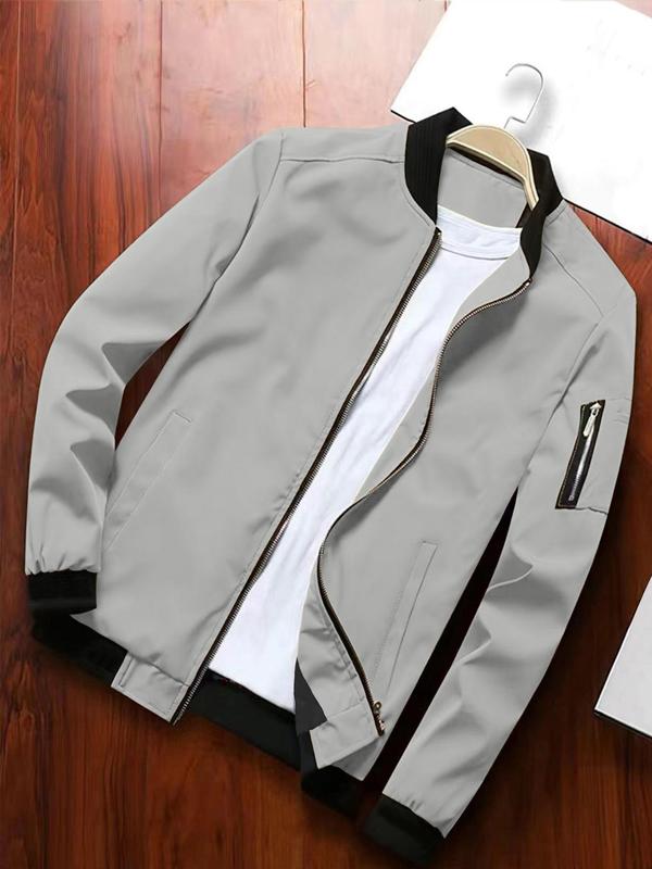 Men's Solid Zip Up Bomber Jacket, Regular Fit Casual Baseball Collar Long Sleeve Outerwear for Spring & Fall, Fashion Men's Clothes for Daily Wear, Coats 1