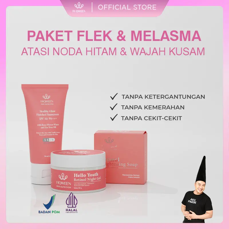 HIQWEEN PAKET BUNDLING GLOWING SUNSCREEN SABUN RETINOL, RETINOL NIGHT GEL CREAM MALAM FLEK HITAM 1