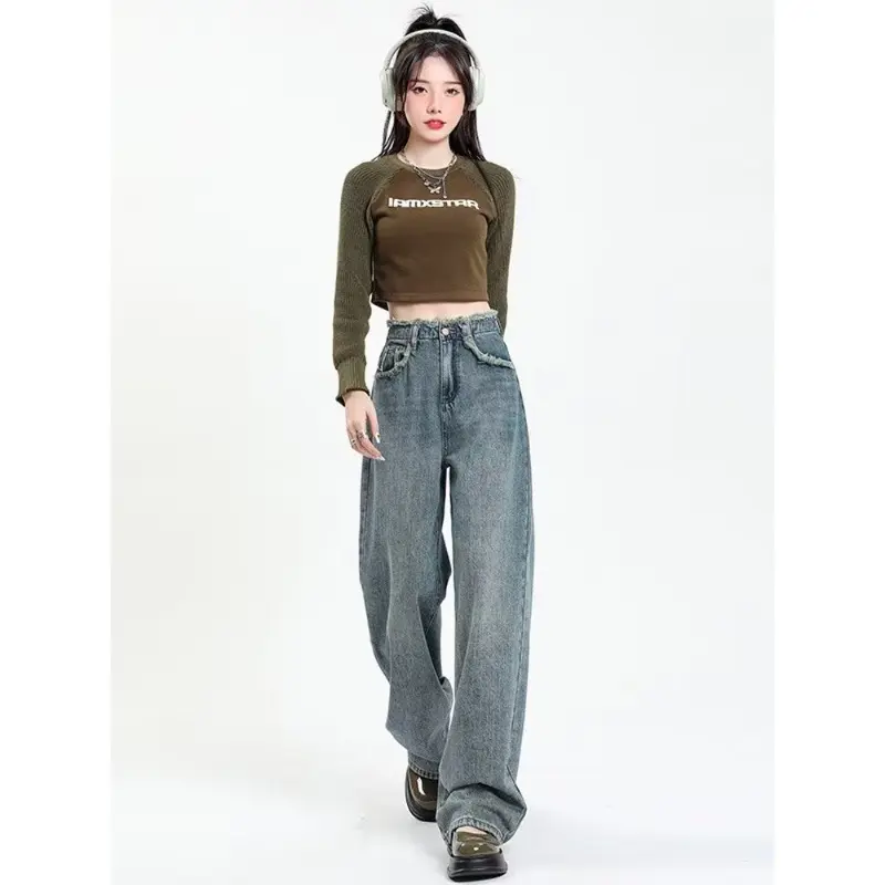 Wide Legged Personalized Jeans for Women's Trendy Cool 2024 New Micro Horn High Waist Draping Straight Tube Loose Ragged Edge Floor Slam Pants