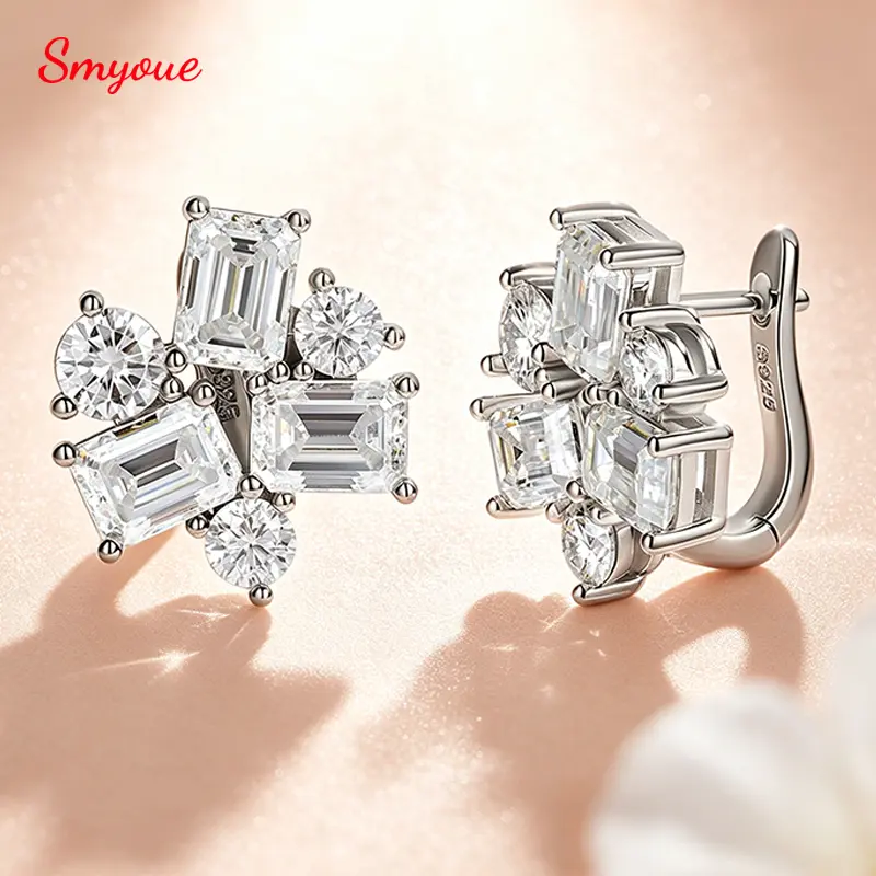 Smyoue Emerald Cut All Moissanite Stud Earrings for Women Lu ury Wedding Bridal Jewelry Halo Earring 100% S925 Sterling Si er