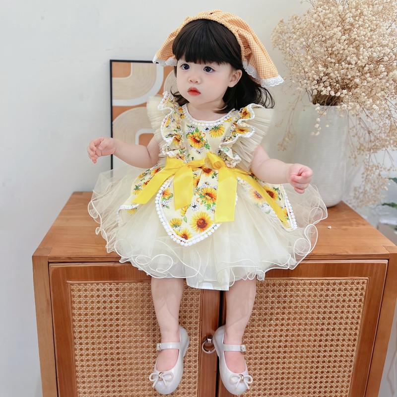 Váy Công Chúa Lolita Hoa Hướng Dương Vàng Chất Thô Cotton Lưới Kèm Khăn 4-19 Kg,Váy Cho Bé Gái Đầy Tháng Sinh Nhật Dự Tiệc