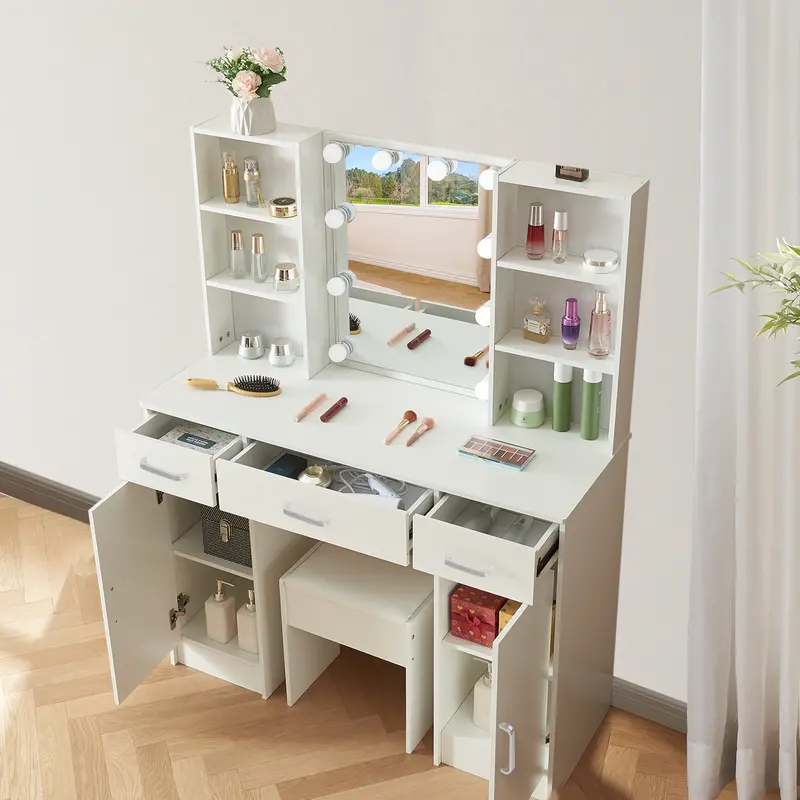 White Dressing Table with Adjustable LED Lights Mirror 3 Color Temperatures Vanity Desk with 3 Drawers and 2 Cabinets Large Makeup Desk Bedroom Dresser 6